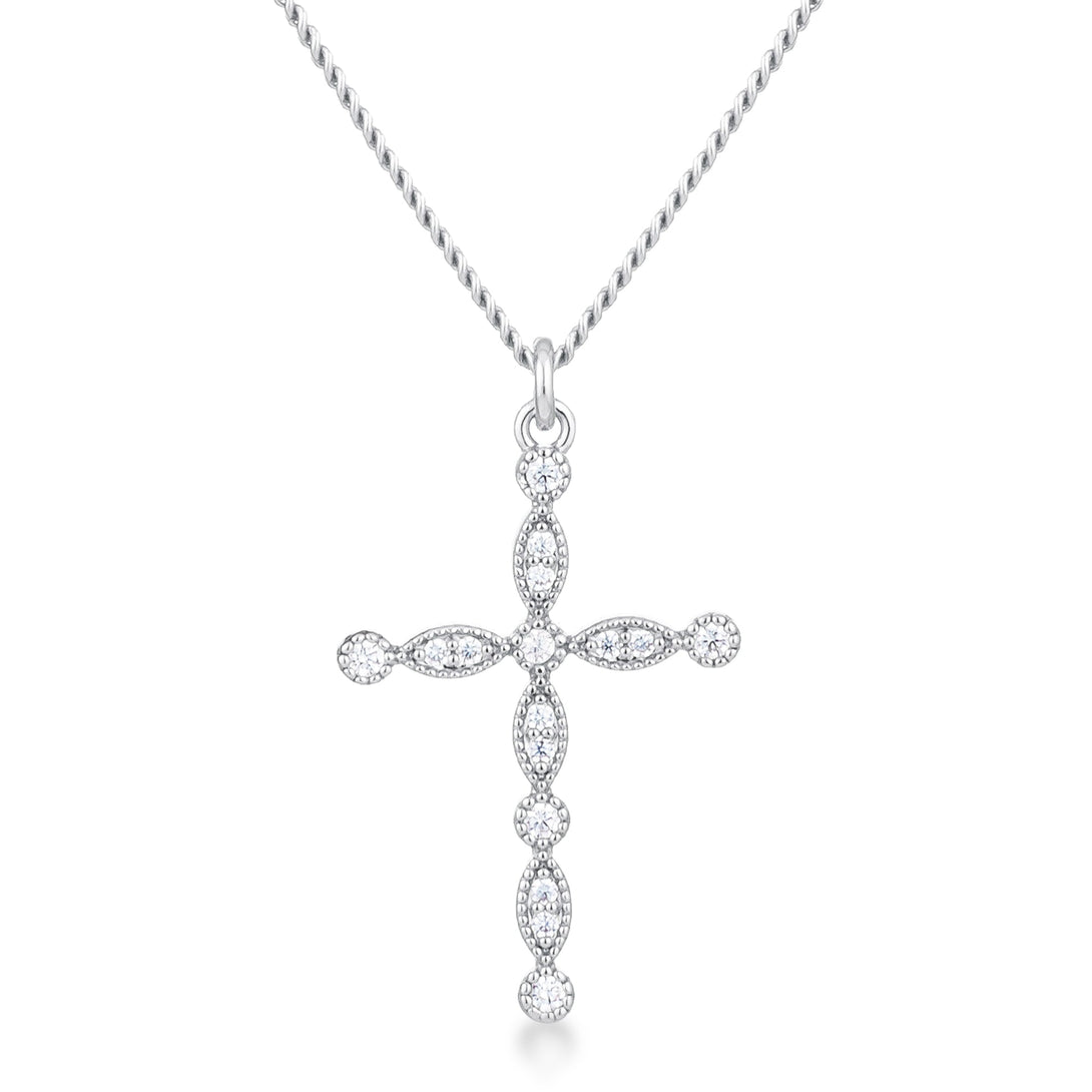 Lovcia Timeless Rhodium-Plated CZ Cross Necklace with Vintage Charm-Pendants-