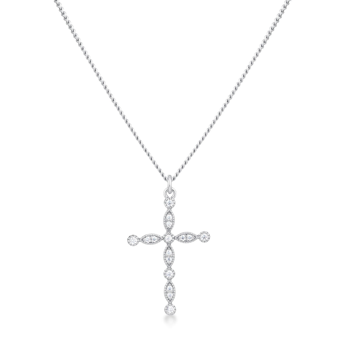 Lovcia Timeless Rhodium-Plated CZ Cross Necklace with Vintage Charm-Pendants-