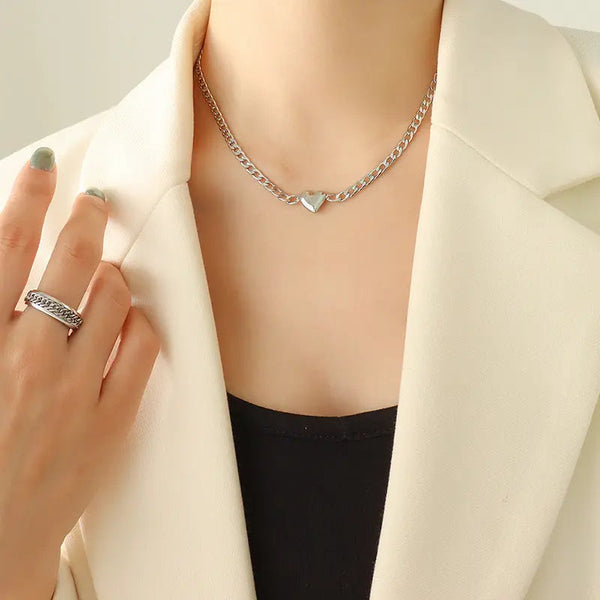 Lovcia Titanium Steel 18K Real Gold Clavicle Chain Women's Necklace Jewellery With Heart Pendant-Necklaces-Steel-Steel