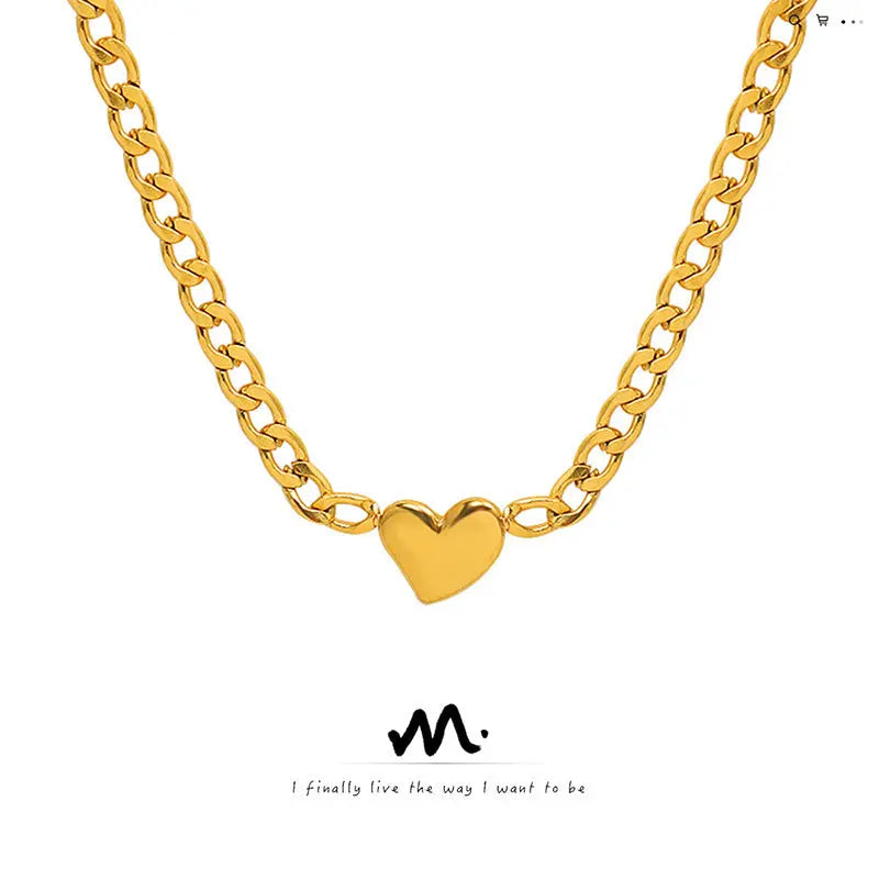 Lovcia Titanium Steel 18K Real Gold Clavicle Chain Women's Necklace Jewellery With Heart Pendant-Necklaces-Steel-Steel