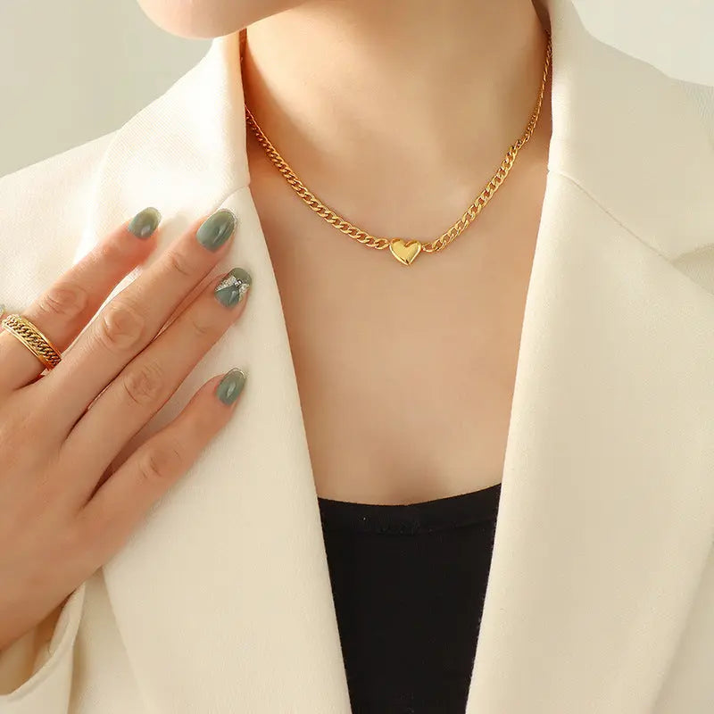 Lovcia Titanium Steel 18K Real Gold Clavicle Chain Women's Necklace Jewellery With Heart Pendant-Necklaces-Steel-Steel