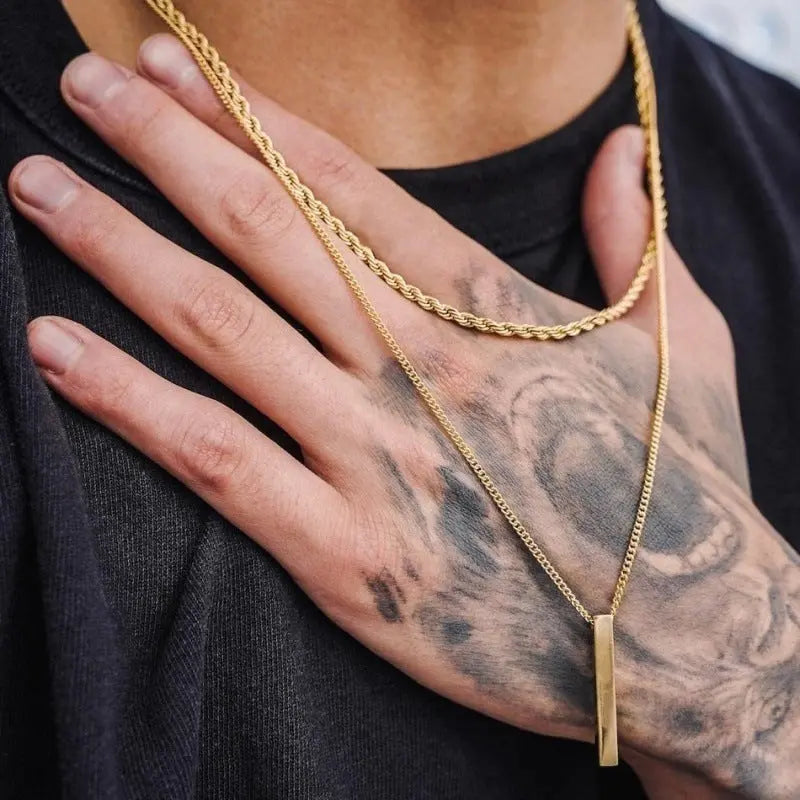 Lovcia Titanium Steel Bar Men's Pendant Necklace - Gold Plated Layered Men's Chain Necklace for Modern Style