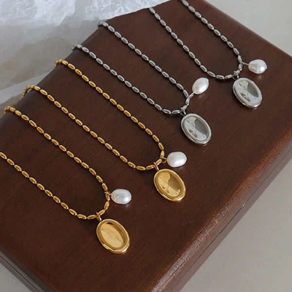 Lovcia Titanium Steel Freshwater Pearl Pendant Necklace-Necklaces-Gold-One Size-Gold