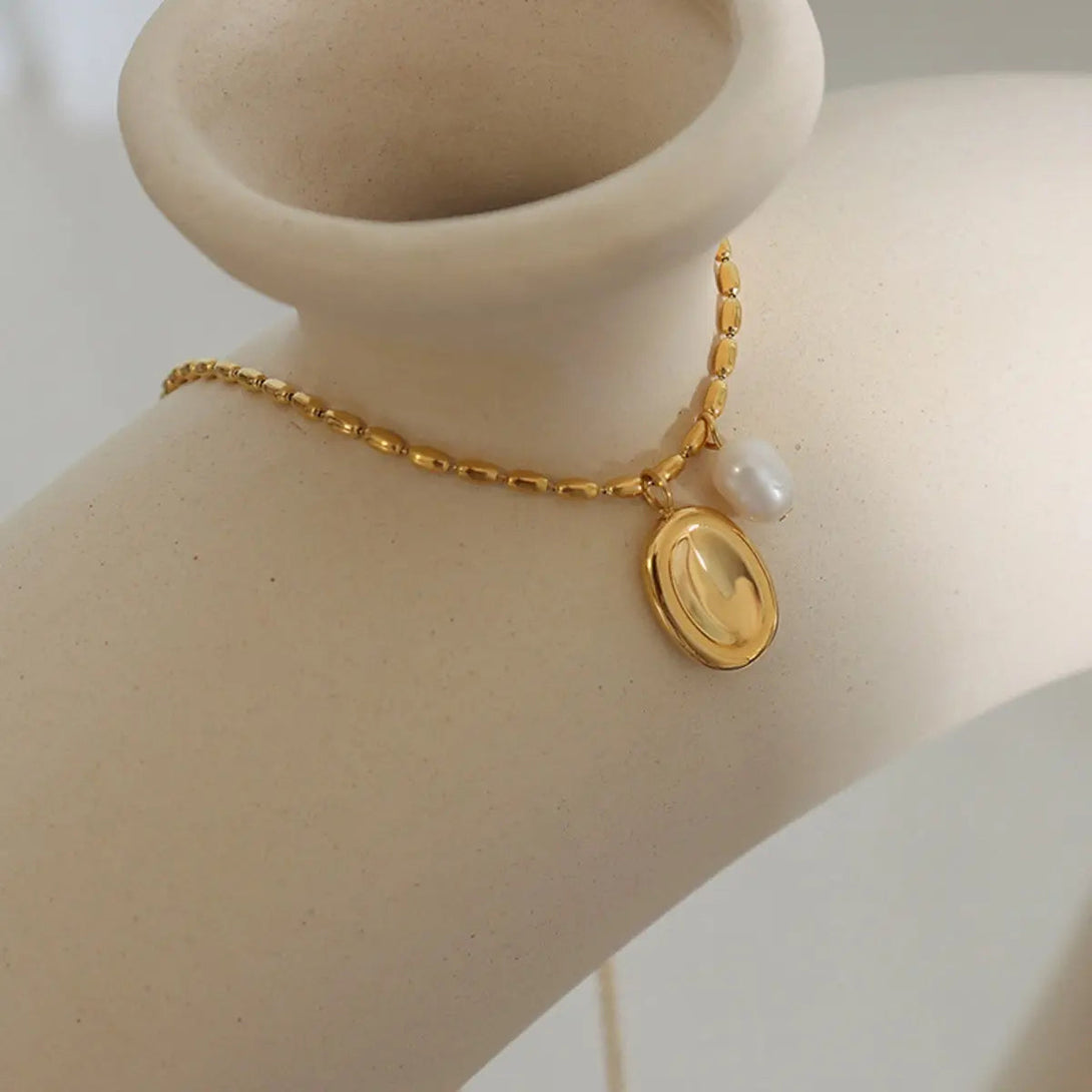 Lovcia Titanium Steel Freshwater Pearl Pendant Necklace-Necklaces-Gold-One Size-Gold