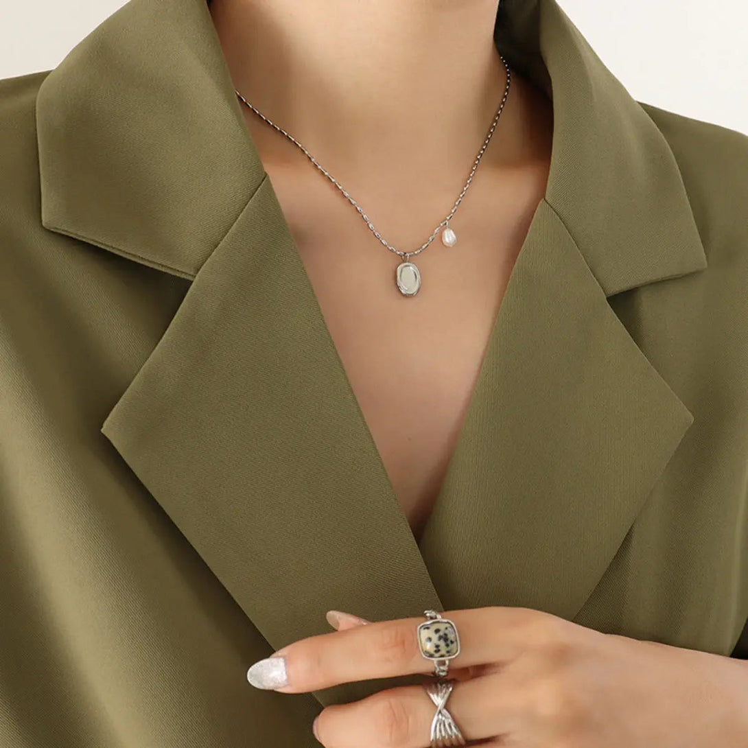 Lovcia Titanium Steel Freshwater Pearl Pendant Necklace-Necklaces-Silver-One Size-Silver