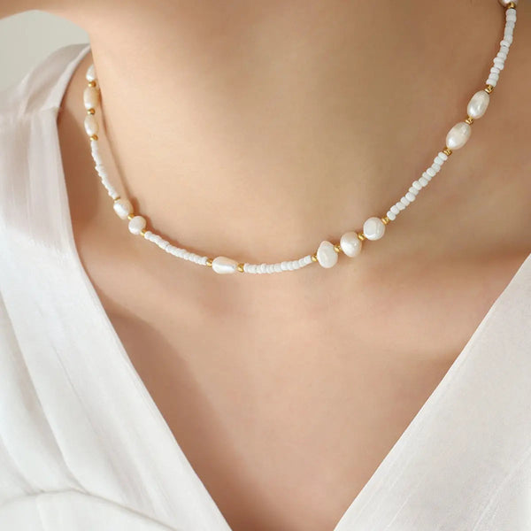Lovcia Titanium Steel Glass Bead Pearl Necklace-Necklaces-White-One Size-White