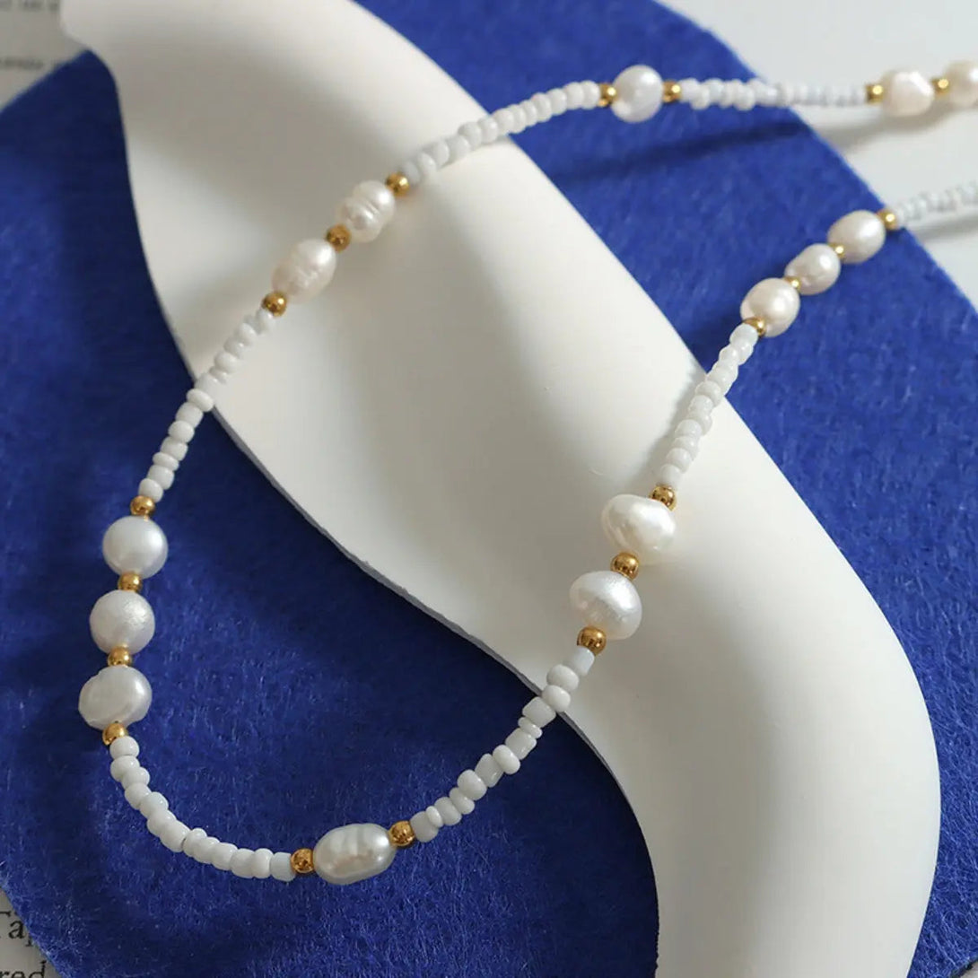 Lovcia Titanium Steel Glass Bead Pearl Necklace-Necklaces-White-One Size-White