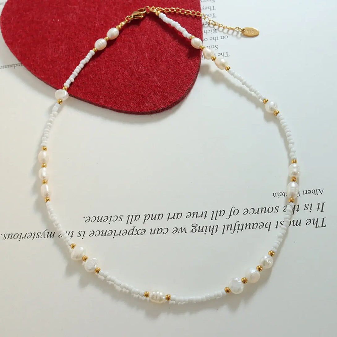 Lovcia Titanium Steel Glass Bead Pearl Necklace-Necklaces-White-One Size-White
