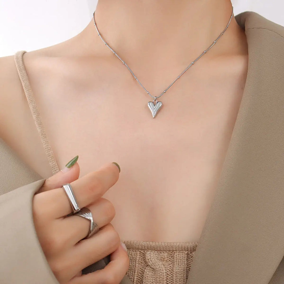 Lovcia Titanium Steel Heart Pendant Necklace-Necklaces-Silver-One Size-Silver