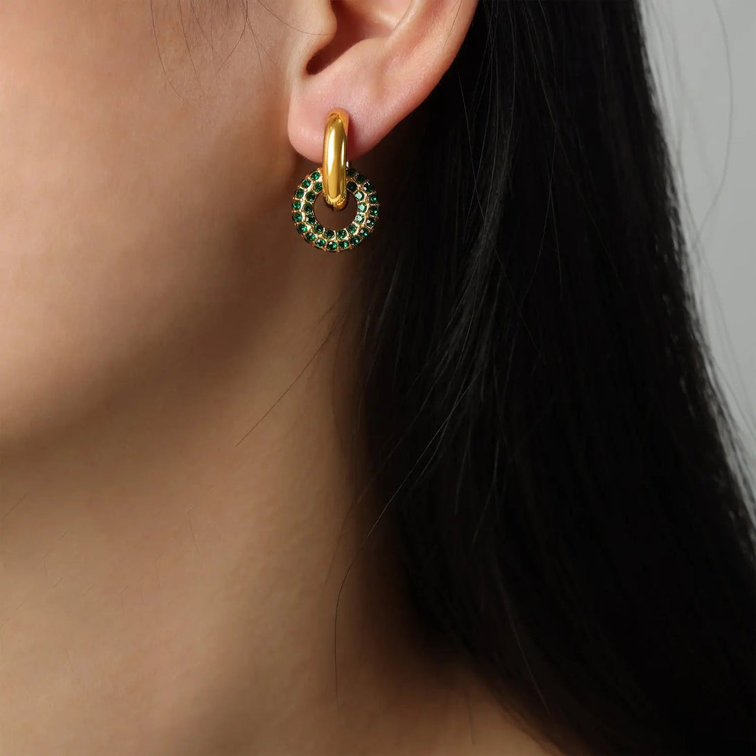 Lovcia Titanium Steel Inlaid Zircon Double-Hoop Earrings-Earrings-Green-One Size-Green