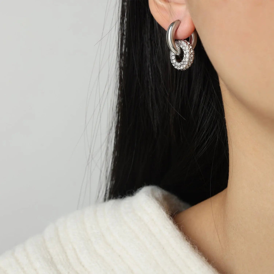 Lovcia Titanium Steel Inlaid Zircon Double-Hoop Earrings-Earrings-Silver-One Size-Silver