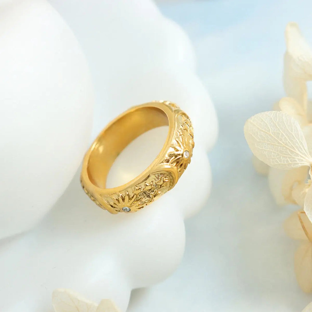 Lovcia Titanium Steel Inlaid Zircon Embossed Ring-Rings-Gold-6-Gold