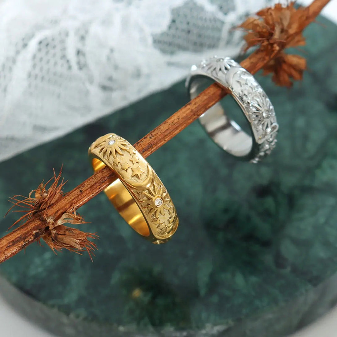 Lovcia Titanium Steel Inlaid Zircon Embossed Ring-Rings-Gold-6-Gold