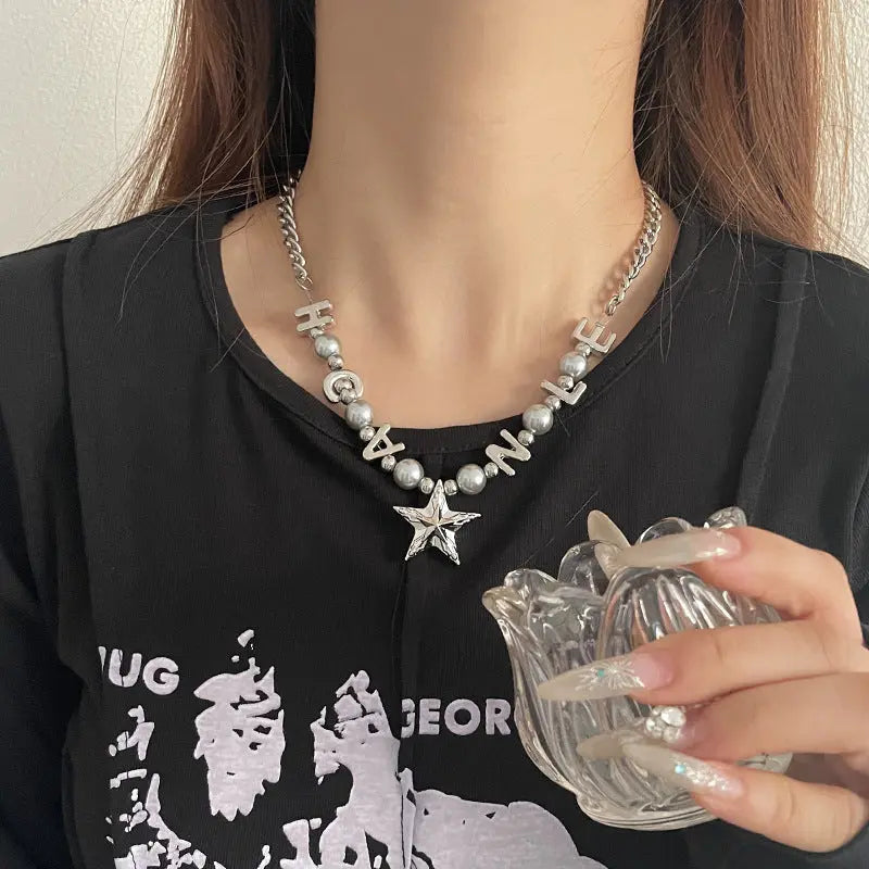 Lovcia Titanium Steel Letter Bead Necklace with Star Pendant for Women - Trendy and Stylish Statement Jewellery-Necklaces-Pearl Necklace-Pearl Necklace