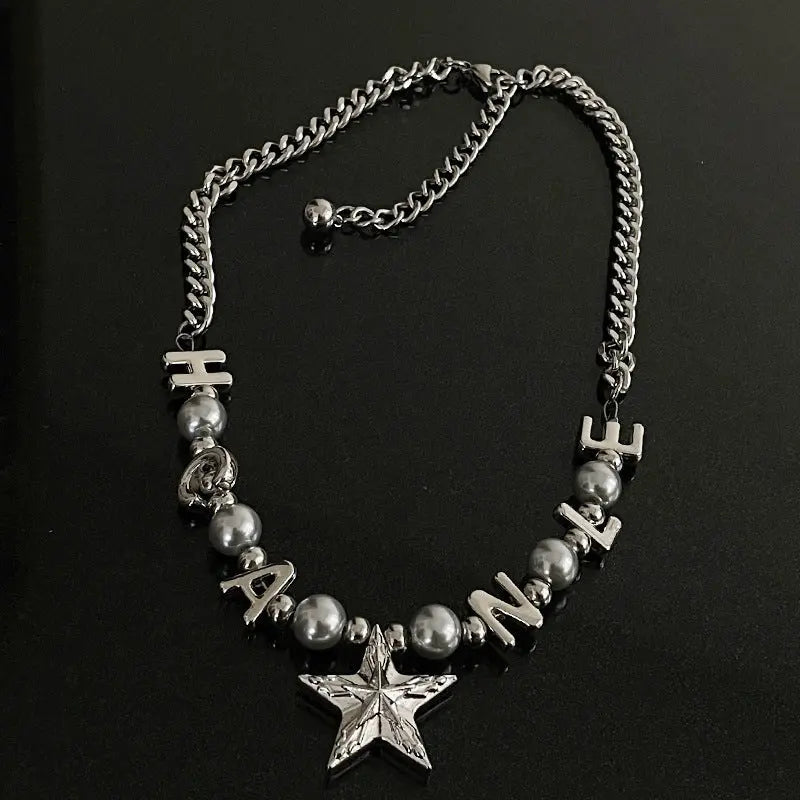 Lovcia Titanium Steel Letter Bead Necklace with Star Pendant for Women - Trendy and Stylish Statement Jewellery-Necklaces-Pearl Necklace-Pearl Necklace