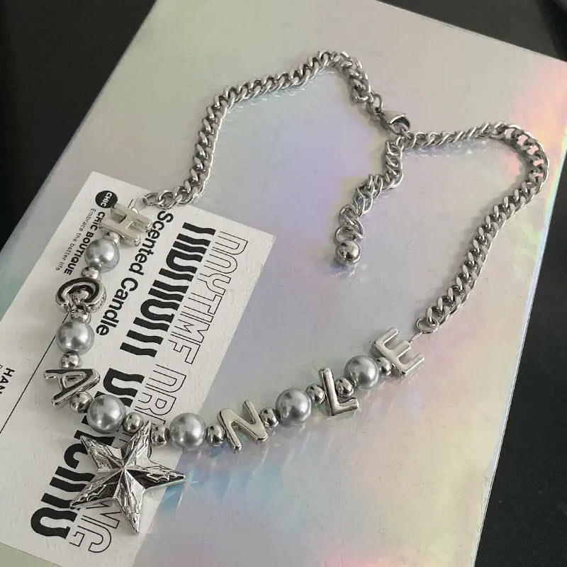Lovcia Titanium Steel Letter Bead Necklace with Star Pendant for Women - Trendy and Stylish Statement Jewellery-Necklaces-Pearl Necklace-Pearl Necklace