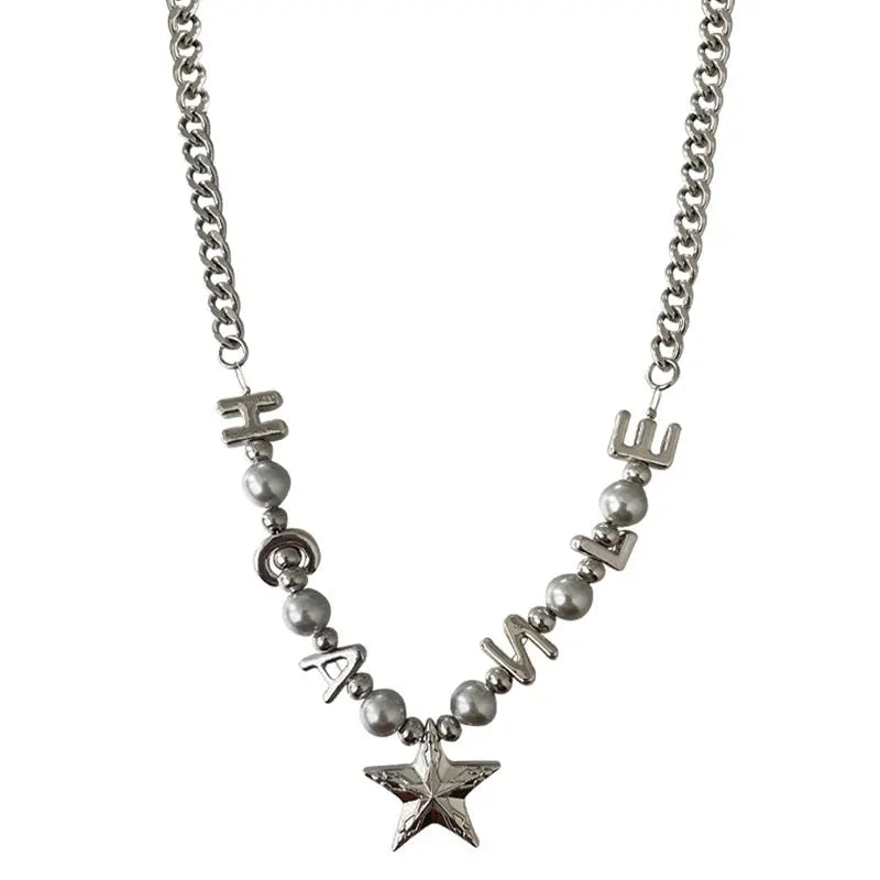 Lovcia Titanium Steel Letter Bead Necklace with Star Pendant for Women - Trendy and Stylish Statement Jewellery-Necklaces-Pearl Necklace-Pearl Necklace