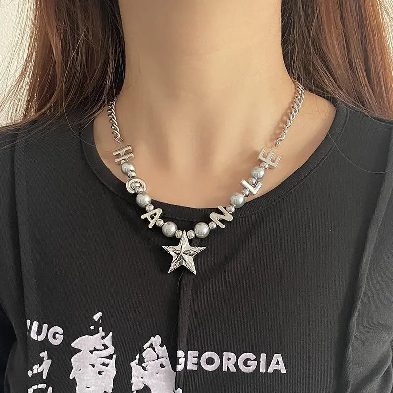 Lovcia Titanium Steel Letter Bead Necklace with Star Pendant for Women - Trendy and Stylish Statement Jewellery-Necklaces-Pearl Necklace-Pearl Necklace