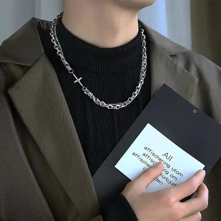 Lovcia Titanium Steel Necklace Splicing Cross European And American Double Clavicle Chain Simple Collar-Necklaces-One size-One size