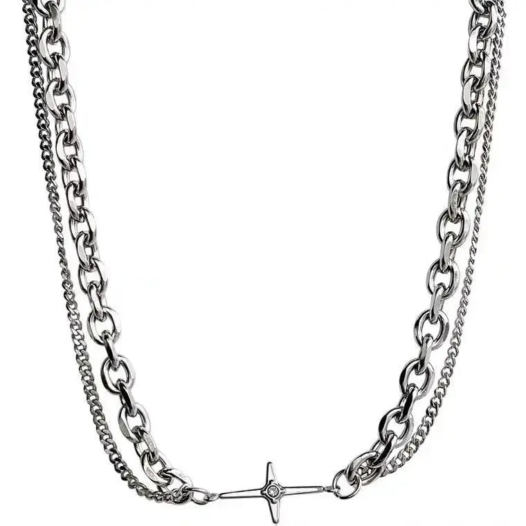 Lovcia Titanium Steel Necklace Splicing Cross European And American Double Clavicle Chain Simple Collar-Necklaces-One size-One size