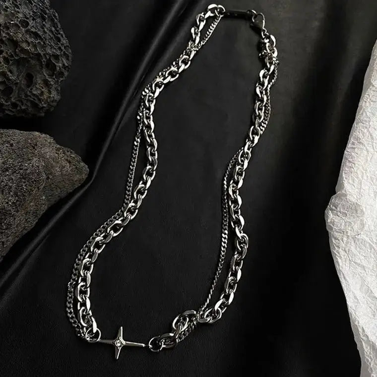 Lovcia Titanium Steel Necklace Splicing Cross European And American Double Clavicle Chain Simple Collar-Necklaces-One size-One size