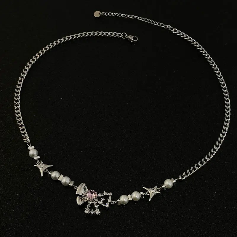 Lovcia Titanium Steel Pearl & Bow Pendant Necklace for Women - Elegant Stars and Pink Gemstone Clavicle Chain-Necklaces-Bow Pearl Necklace-Bow Pearl Necklace