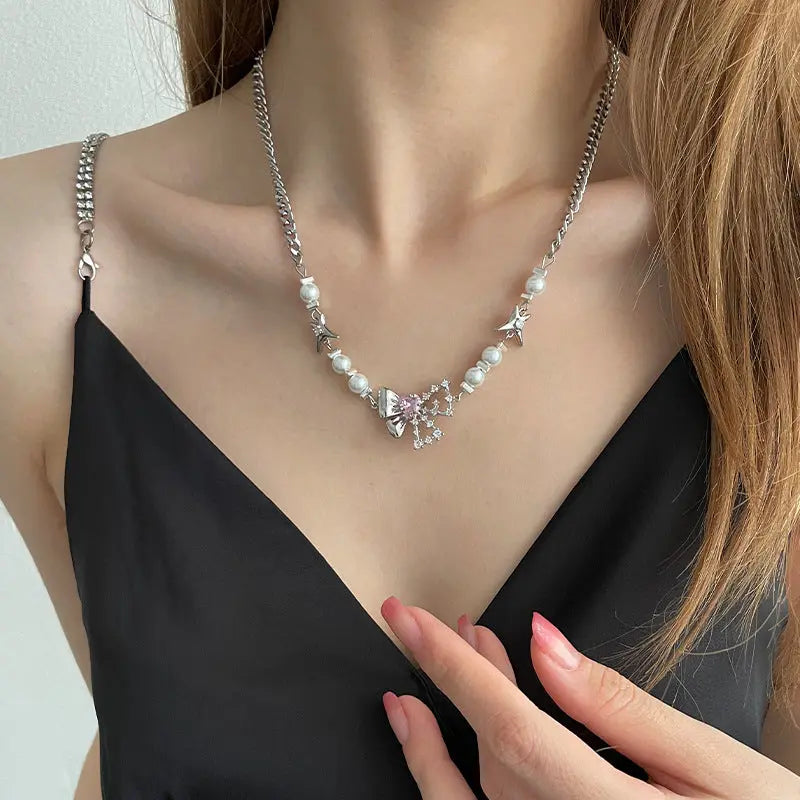 Lovcia Titanium Steel Pearl & Bow Pendant Necklace for Women - Elegant Stars and Pink Gemstone Clavicle Chain-Necklaces-Bow Pearl Necklace-Bow Pearl Necklace
