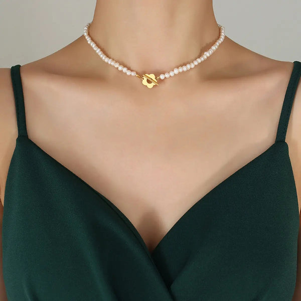 Lovcia Titanium Steel Pearl Flower Necklace-Necklaces-Gold-One Size-Gold