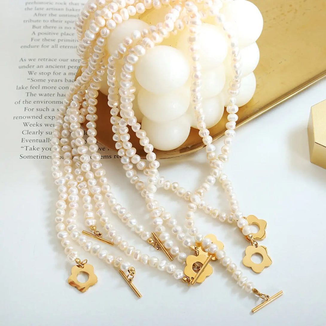 Lovcia Titanium Steel Pearl Flower Necklace-Necklaces-Gold-One Size-Gold