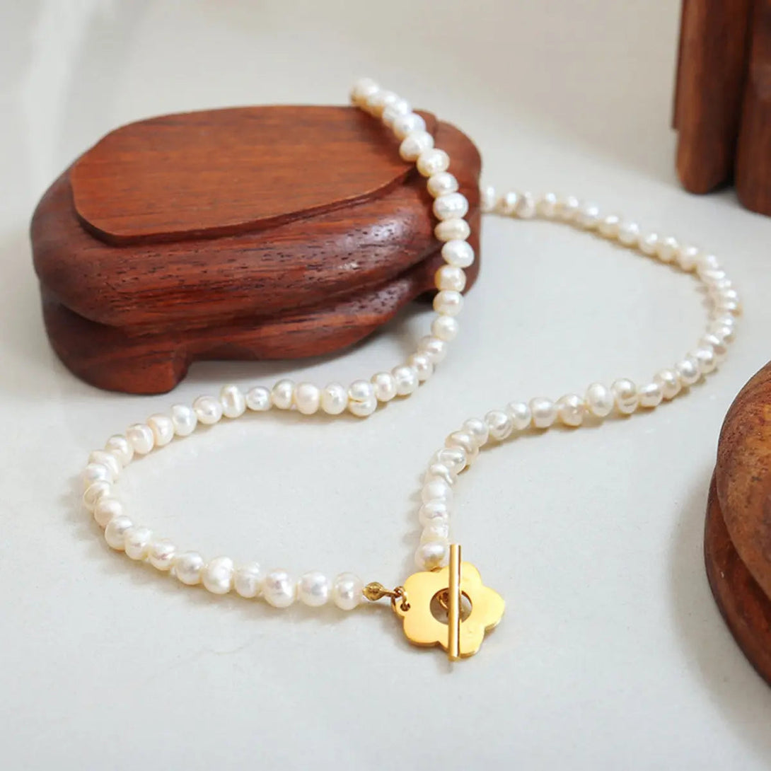 Lovcia Titanium Steel Pearl Flower Necklace-Necklaces-Gold-One Size-Gold