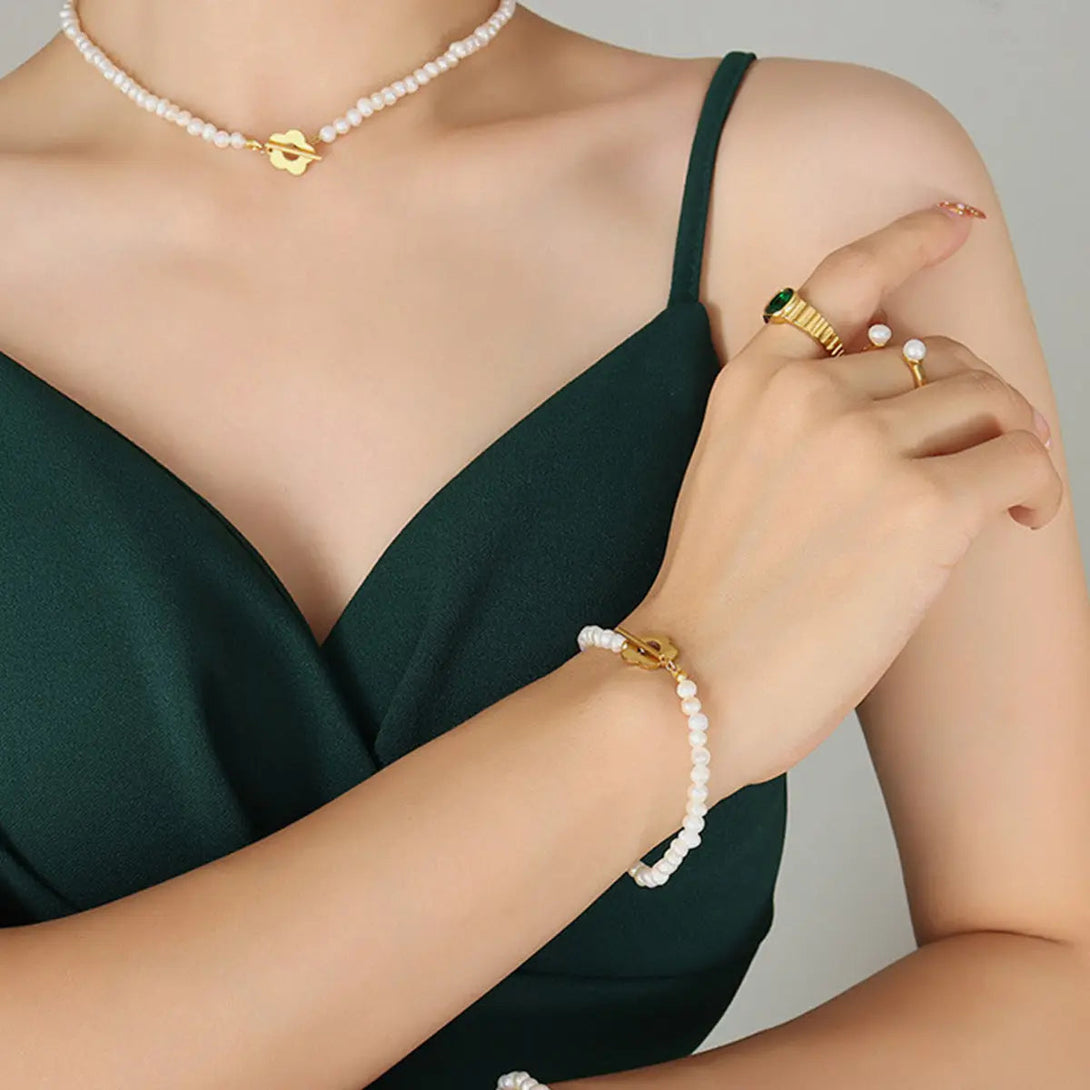 Lovcia Titanium Steel Pearl Flower Necklace-Necklaces-Gold-One Size-Gold