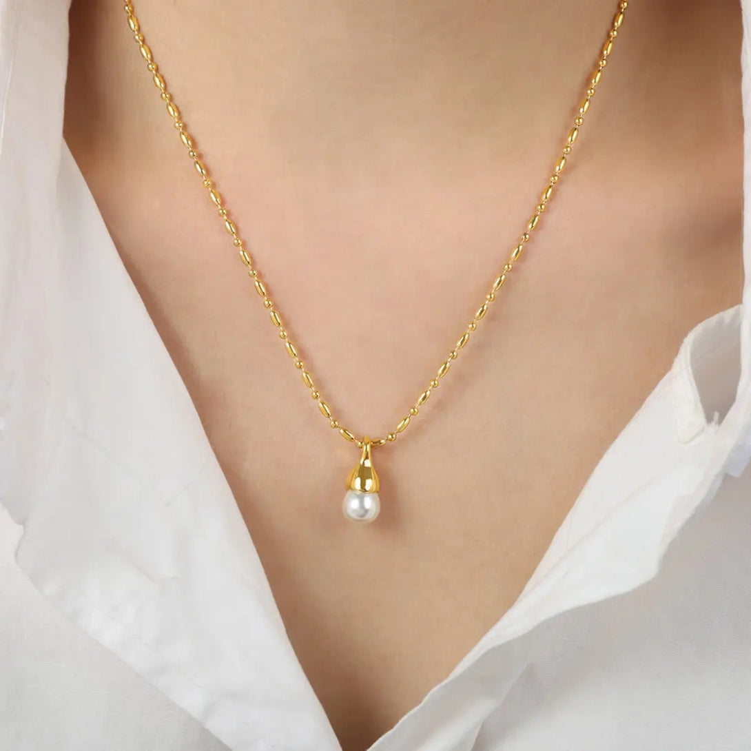 Lovcia Titanium Steel Pearl Pendant Necklace-Necklaces-Gold-One Size-Gold