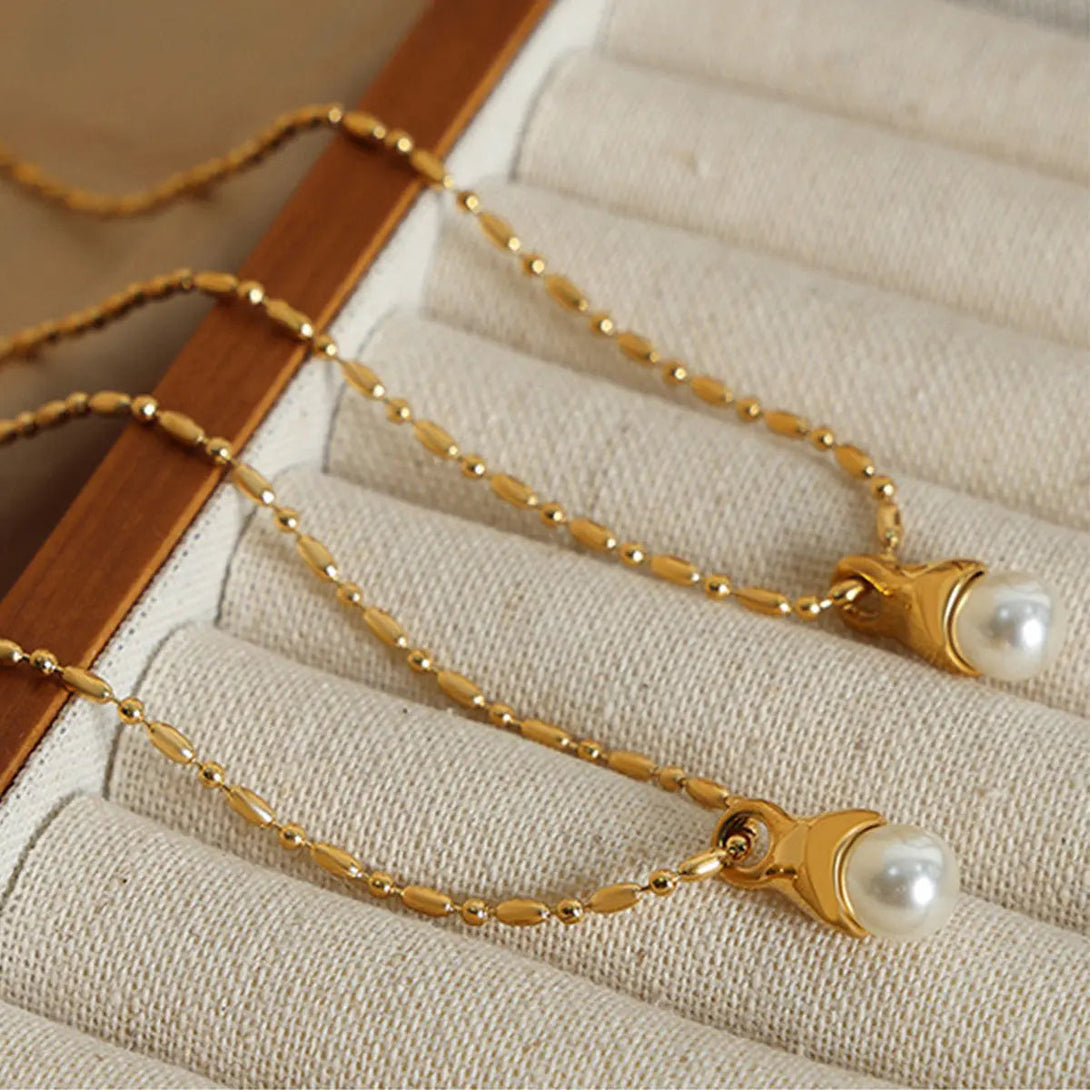 Lovcia Titanium Steel Pearl Pendant Necklace-Necklaces-Gold-One Size-Gold
