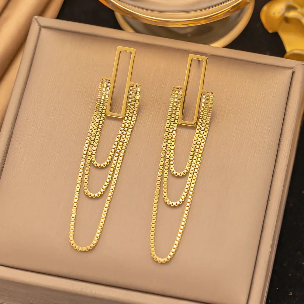 LOVCIA Titanium Steel Star and Pearl Multi-Layer Chain Dangle Earrings for Women