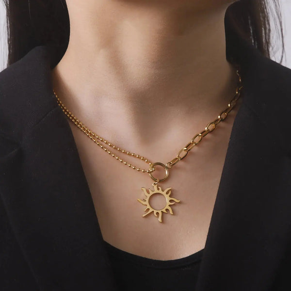 Lovcia Titanium Steel Sun Pendant Necklace Clavicle Chain-Necklaces-Gold-Gold