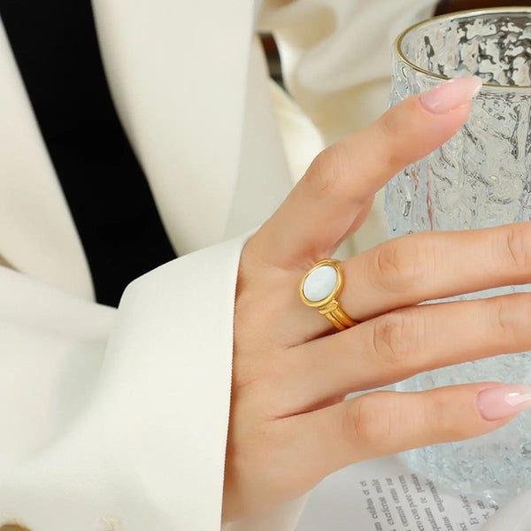Lovcia Titanium Steel White Sea Shell Ring-Rings-Gold-6-Gold
