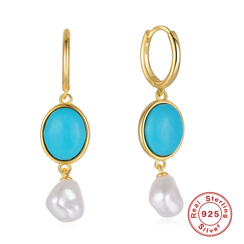 Lovcia Turquoise and Pearl Drop Gold-Plated Sterling Silver Geometric Earrings for Women-Earrings-Turquoise-Turquoise