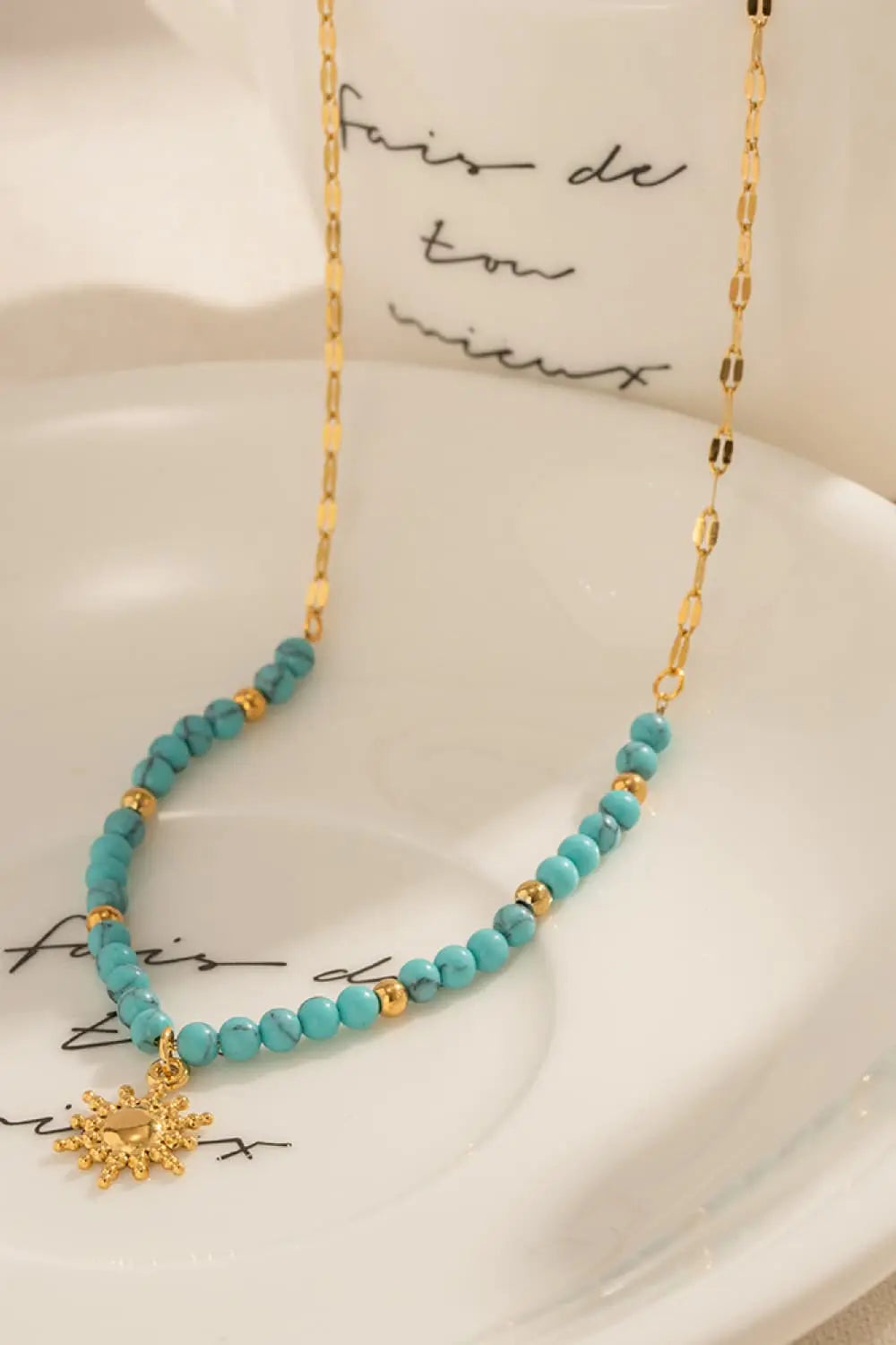Lovcia Turquoise Beaded 18K Gold-Plated Sun Shape Pendant Necklace-Necklaces-Gold-One Size-Gold