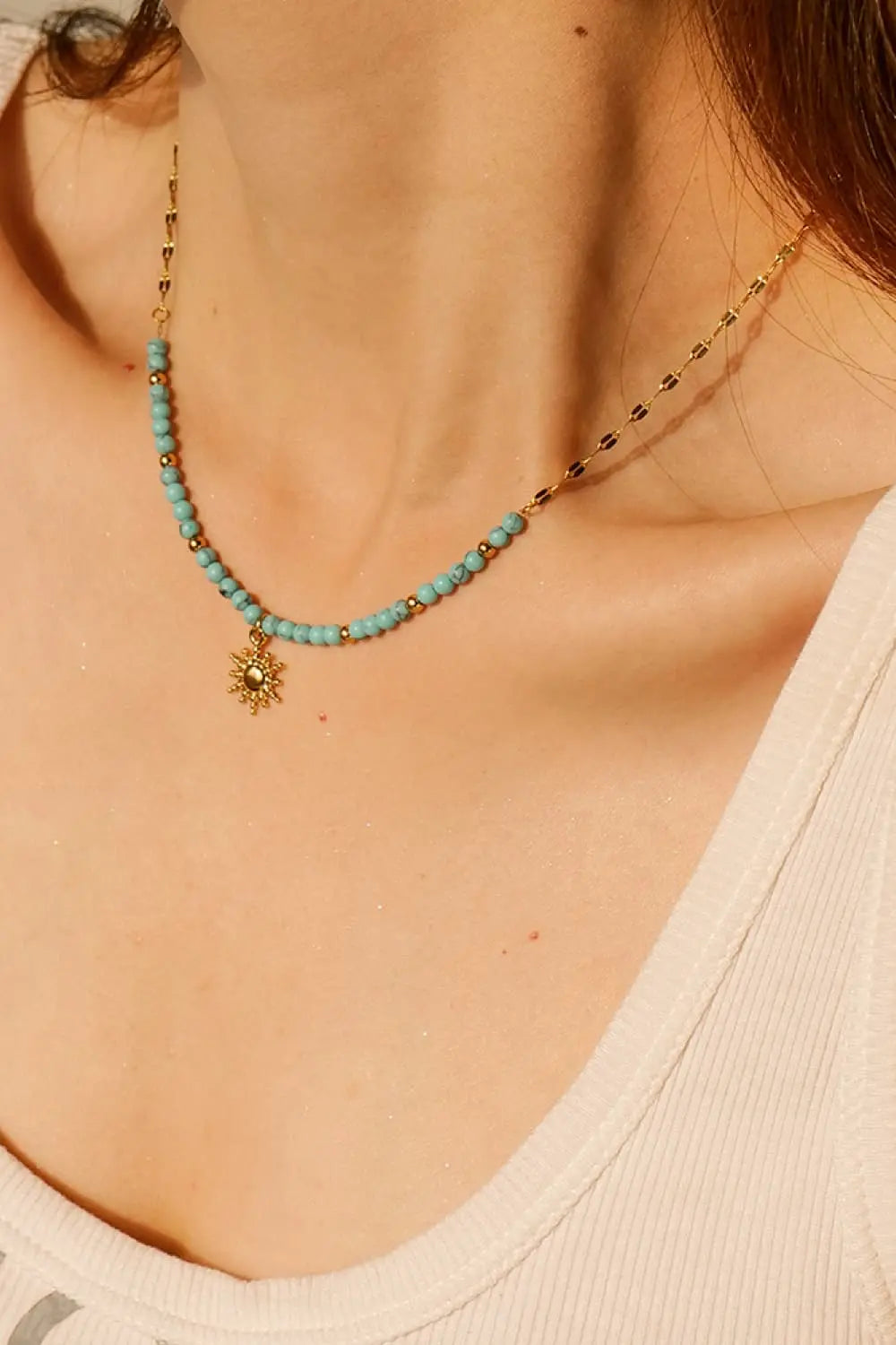 Lovcia Turquoise Beaded 18K Gold-Plated Sun Shape Pendant Necklace-Necklaces-Gold-One Size-Gold