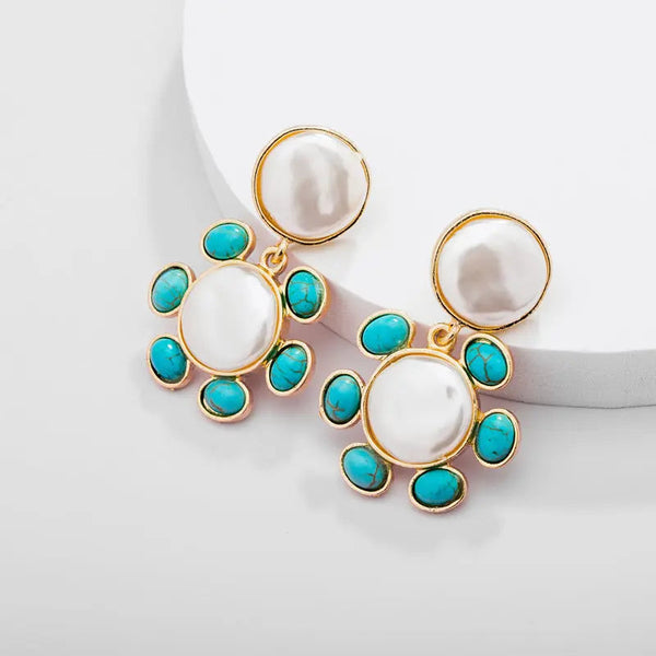 LOVCIA Turquoise Flower Alloy Earrings for Women - Contemporary Design Style