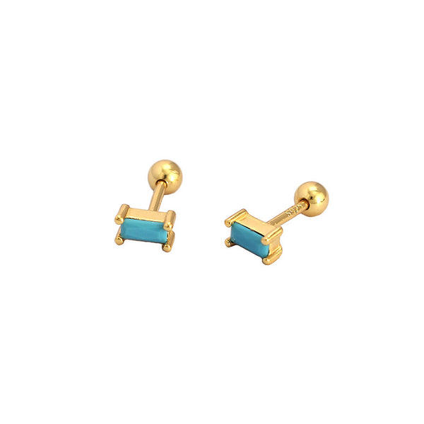 Lovcia Turquoise Rectangle CZ Silver Stud Earrings 3x5mm-Earrings-Yellow Gold & Turquoise-