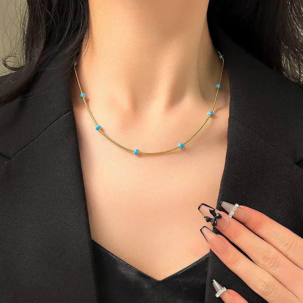 Lovcia Turquoise Temptation Titanium Steel Ball Drop Necklace for Women-Necklaces-Green Pearl Gold-Green Pearl Gold