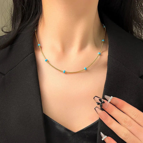 Lovcia Turquoise Temptation Titanium Steel Ball Drop Necklace for Women-Necklaces-Green Pearl Gold-Green Pearl Gold