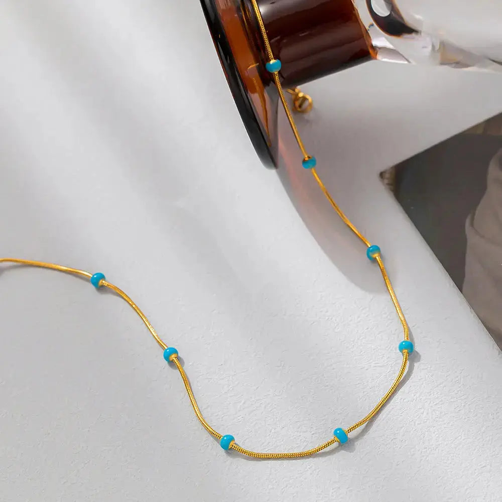 Lovcia Turquoise Temptation Titanium Steel Ball Drop Necklace for Women-Necklaces-Green Pearl Gold-Green Pearl Gold