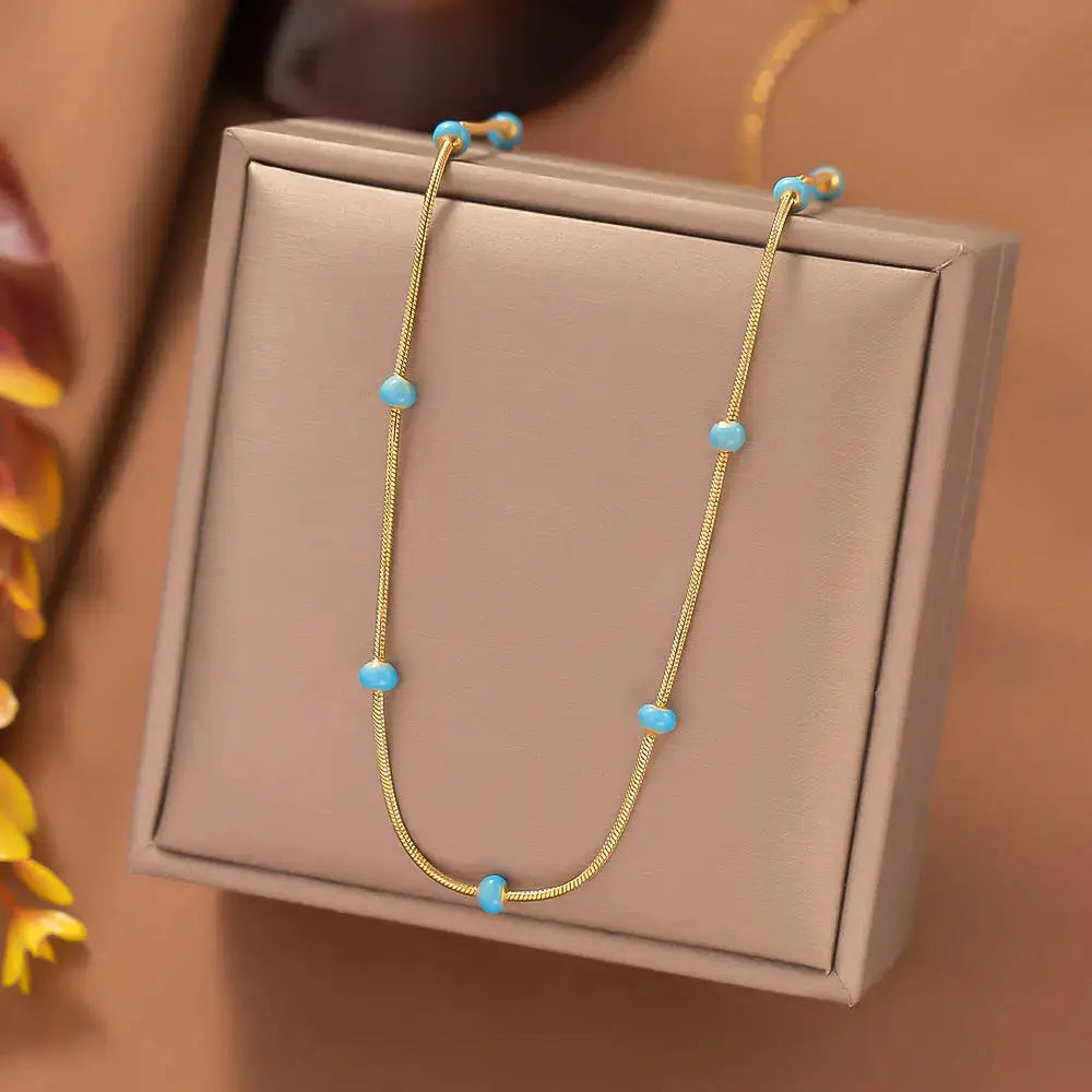 Lovcia Turquoise Temptation Titanium Steel Ball Drop Necklace for Women-Necklaces-Green Pearl Gold-Green Pearl Gold