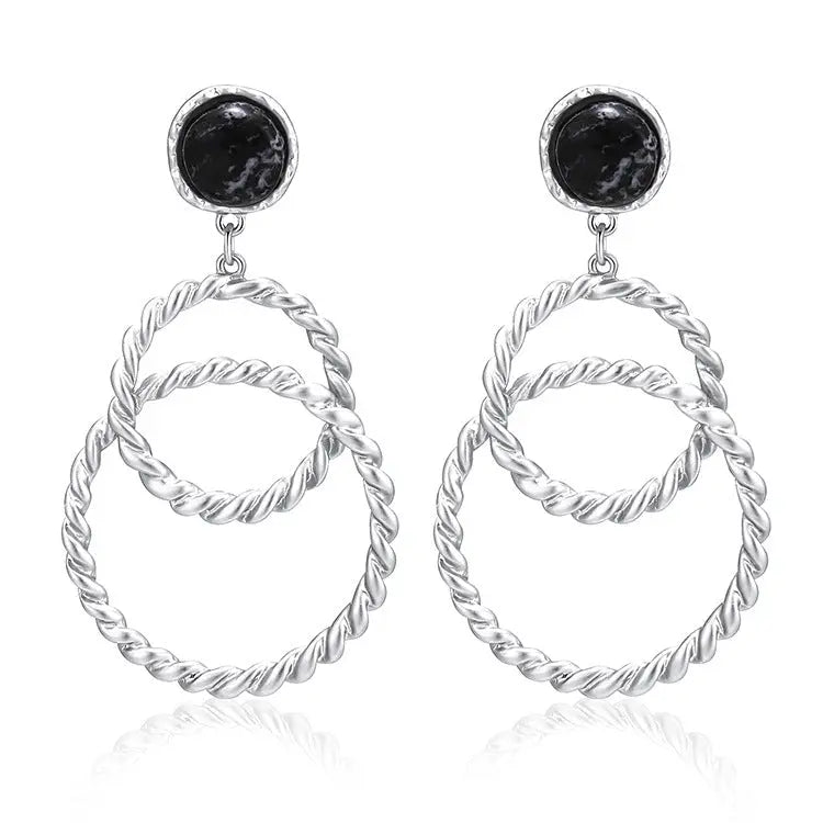 Lovcia Turquoise Twisted Flower Double Ring Copper Stud Earrings with Ear Hook-Earrings-Black-Black