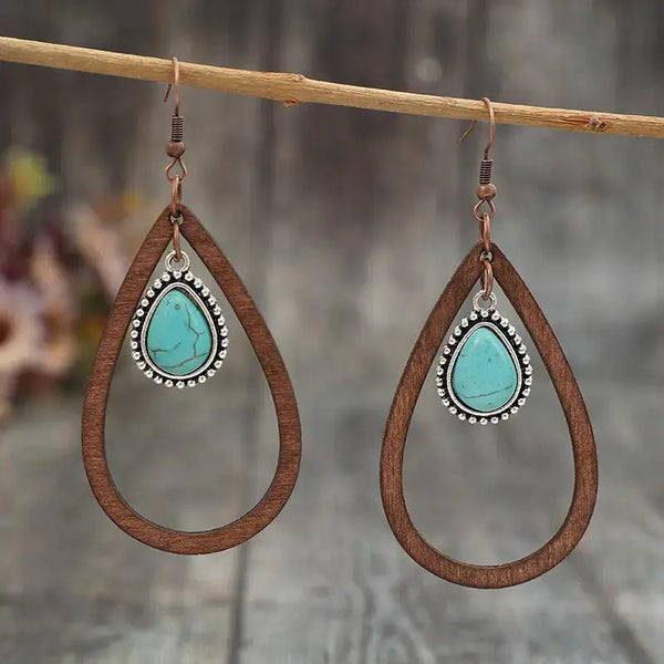 Lovcia Turquoise & Wood Teardrop Statement Earrings for Women-Earrings-Brown-One Size-Brown