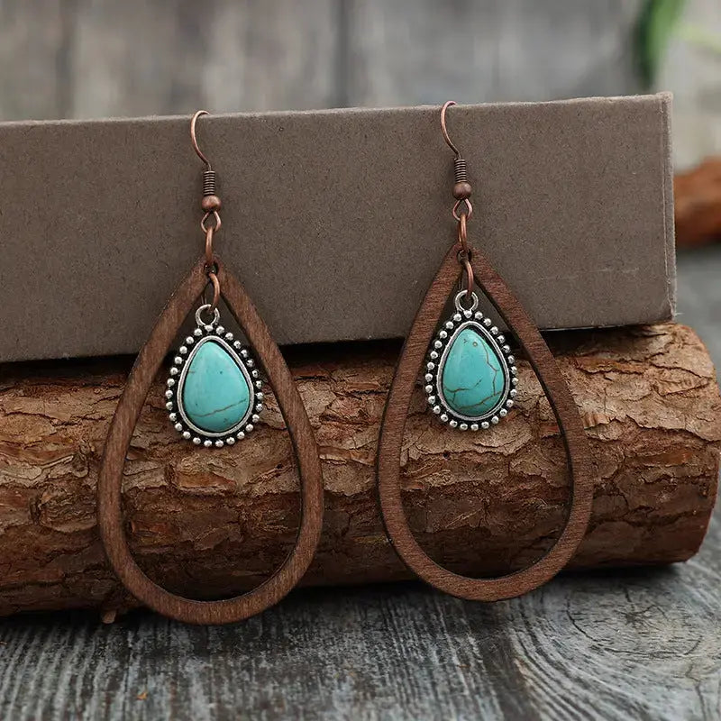 Lovcia Turquoise & Wood Teardrop Statement Earrings for Women-Earrings-Brown-One Size-Brown