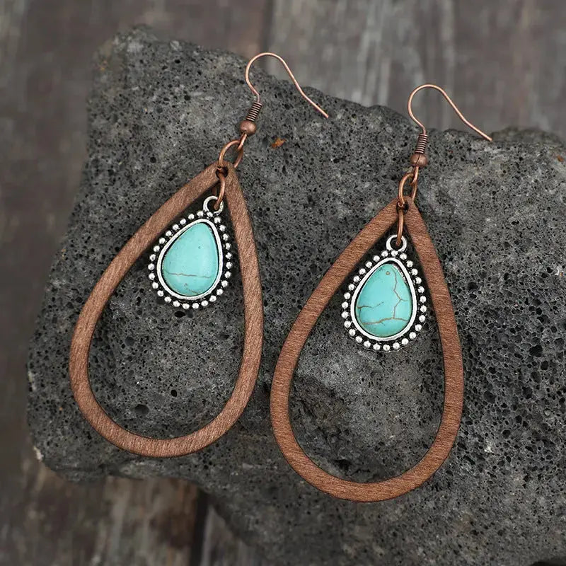 Lovcia Turquoise & Wood Teardrop Statement Earrings for Women-Earrings-Brown-One Size-Brown