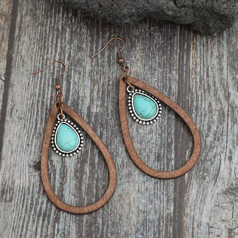 Lovcia Turquoise & Wood Teardrop Statement Earrings for Women-Earrings-Brown-One Size-Brown